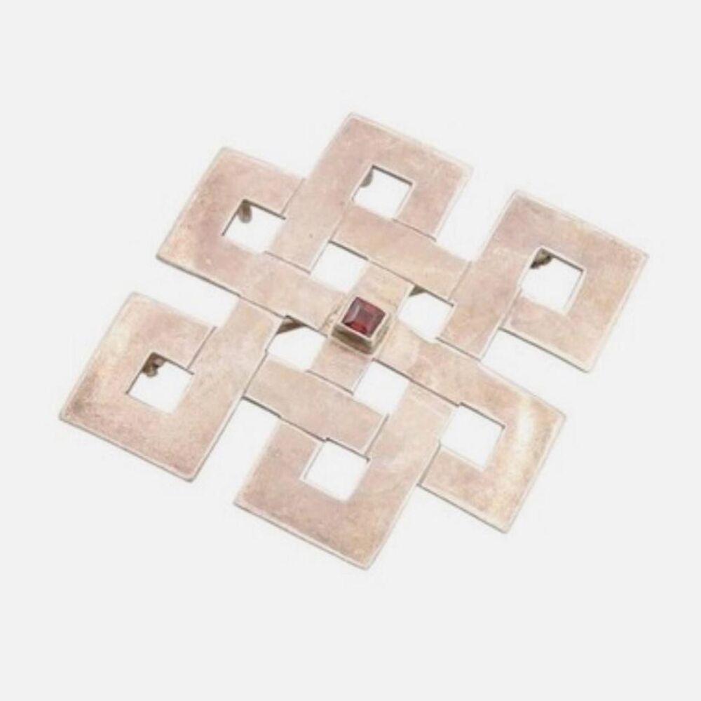 Sterling silver vintage geometric brooch with garnet stone
